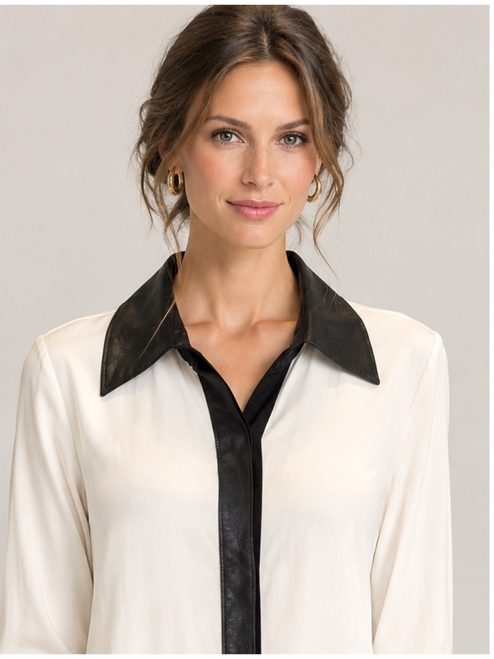 Alice + Olivia Silk Tunic Blouse Black Leather Collar Ivory Medium